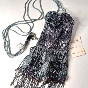 Vintage Silver Gray Beaded Crossbody Flapper Purse. 100% Silk.